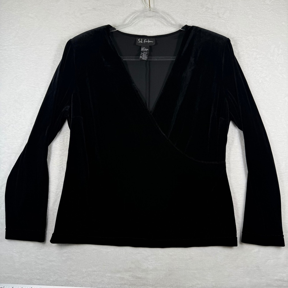 SL Fashions Womens Black Velvet V-Neck Faux‎ Wrap Long Sleeve Top Size 16 D1158